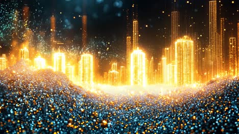 a cityscape with tall buildings and a lot of gold. the city is lit up with bright lights and the sky is dark. scene is mysterious and captivating