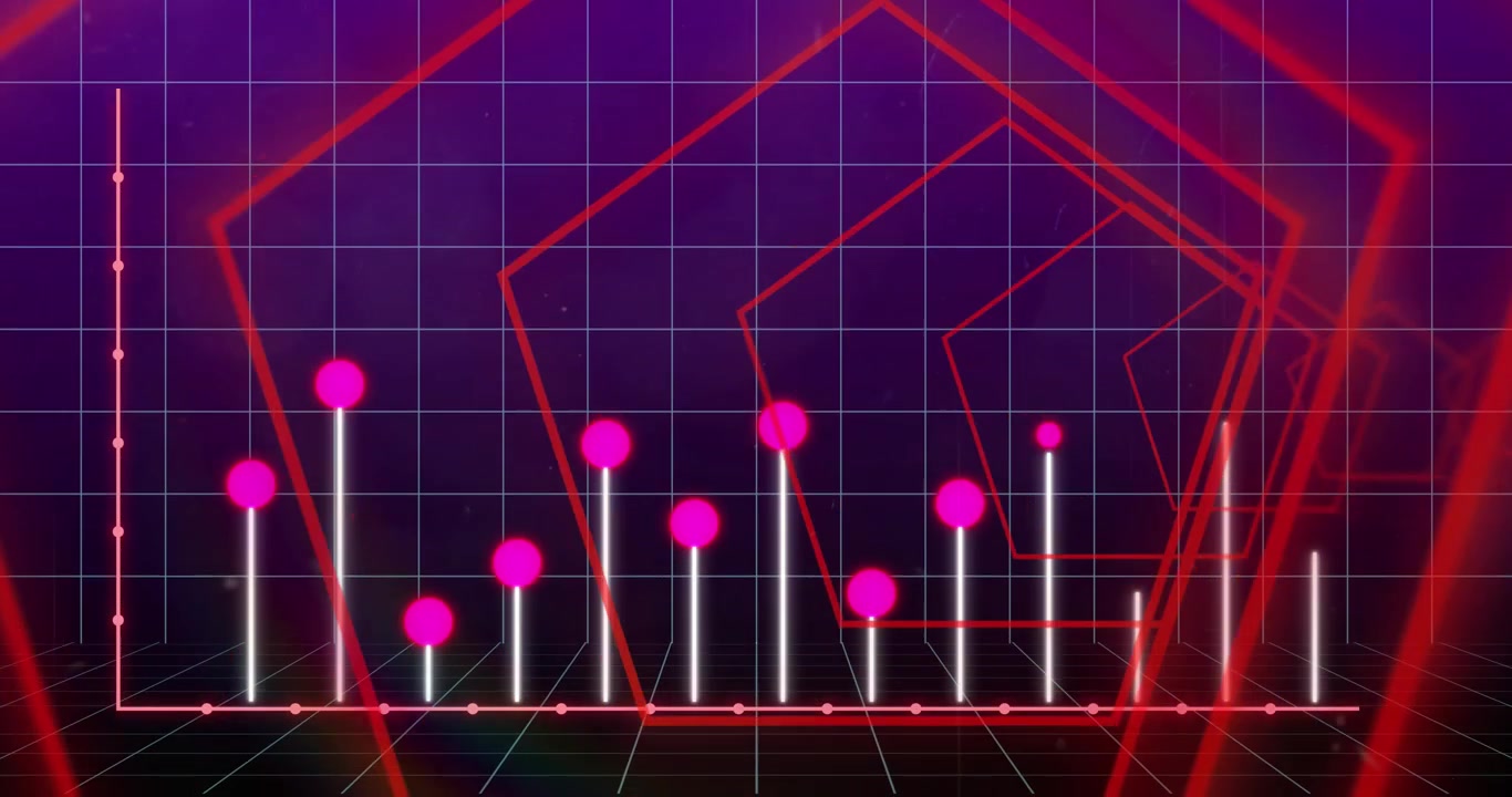 Animation der statistischen Datenverarbeitung, Pentagonformen in nahtlosem Muster auf lila Hintergrund.