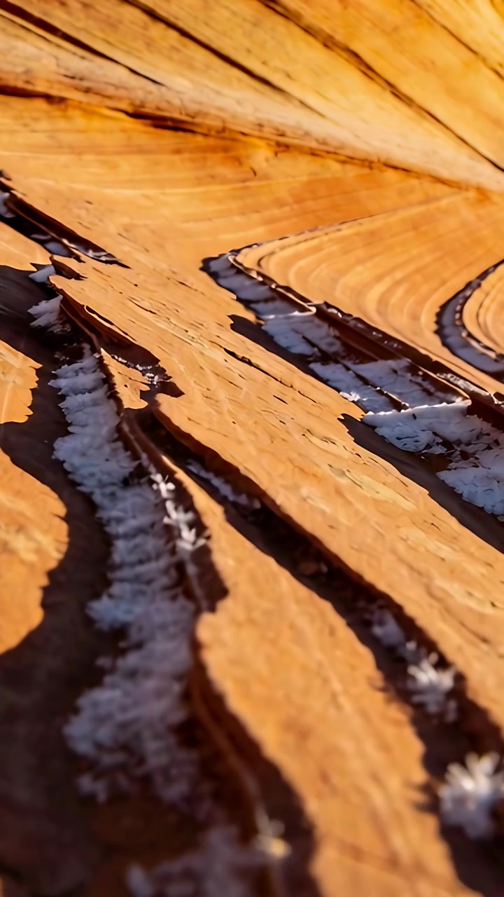 Video verticale: Telecamera che panoramica rivelando scanalature di una lastra di legno con sale alla luce del sole, mostrando gli anelli.