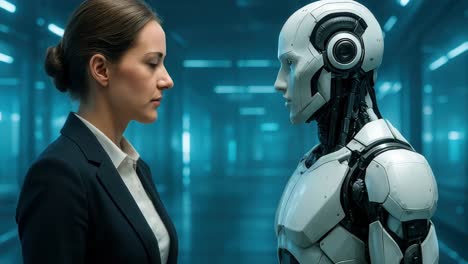 a futuristic video concept showing a side profile of a woman and a robot facing each