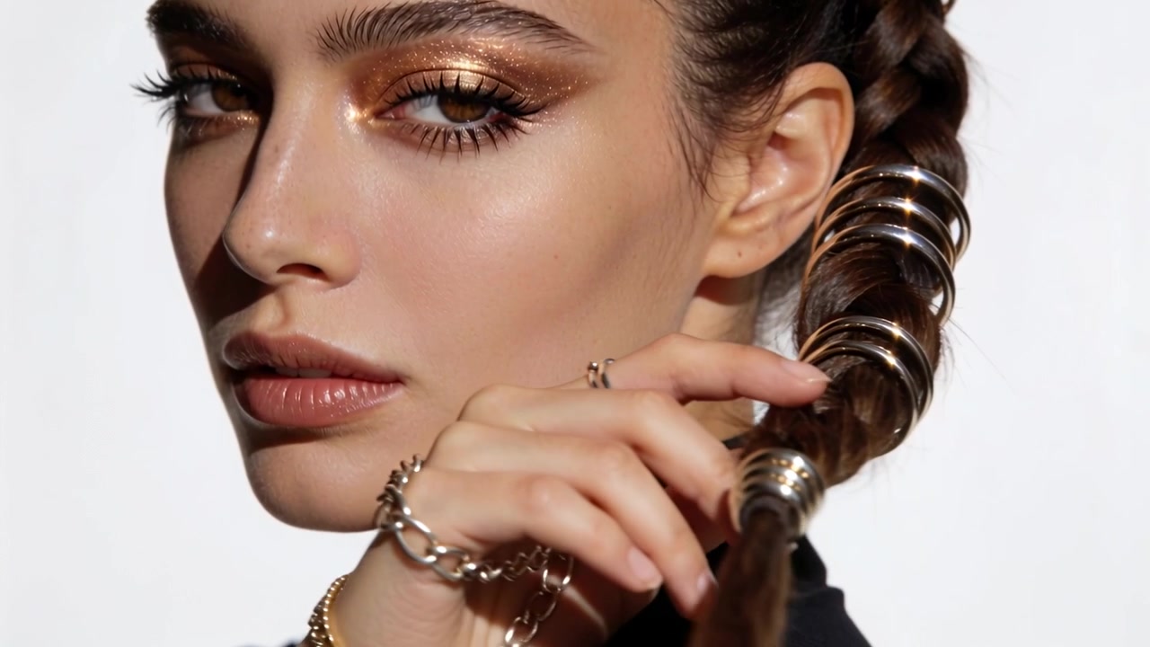 Modella che reagisce alla telecamera, toccando una treccia con anelli metallici in studio, mostrando un top nero e un trucco dorato.