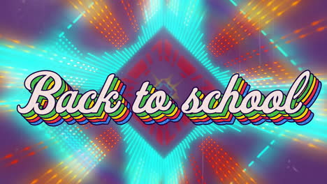 back to school text animation over colorful geometric patterns and lights