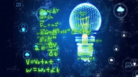 animation of mathematical equations over light bulb, data icons and networks on dark background