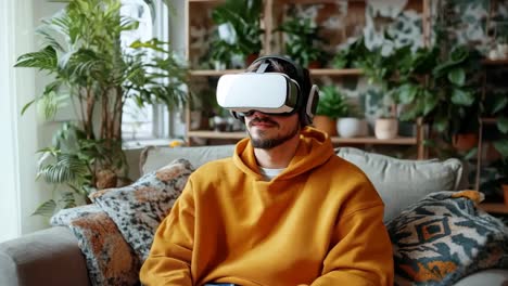 a man wearing a yellow hoodie sitting on a couch wearing a virtual reality headset