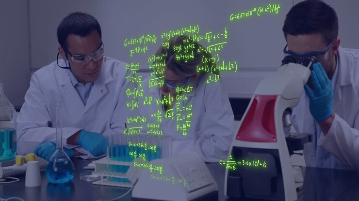 Animation of scientific data processing over caucasian scientists in laboratory
