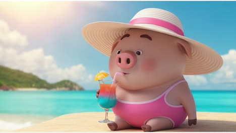 charming cartoon pig enjoying a refreshing beverage under the sun at a scenic beach, complete with a stylish hat and a vibrant drink for a perfect summer day