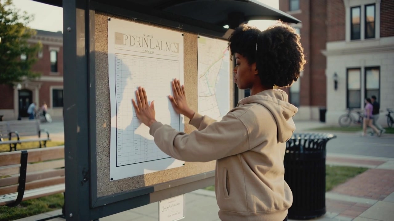 Approaching map board, pressing woman in light hoodie smoothing map at campus plaza, checking route