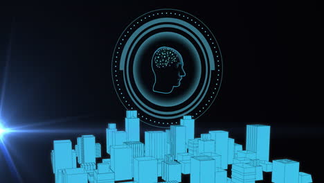 animación de un cerebro y procesamiento de datos sobre el fondo del paisaje urbano