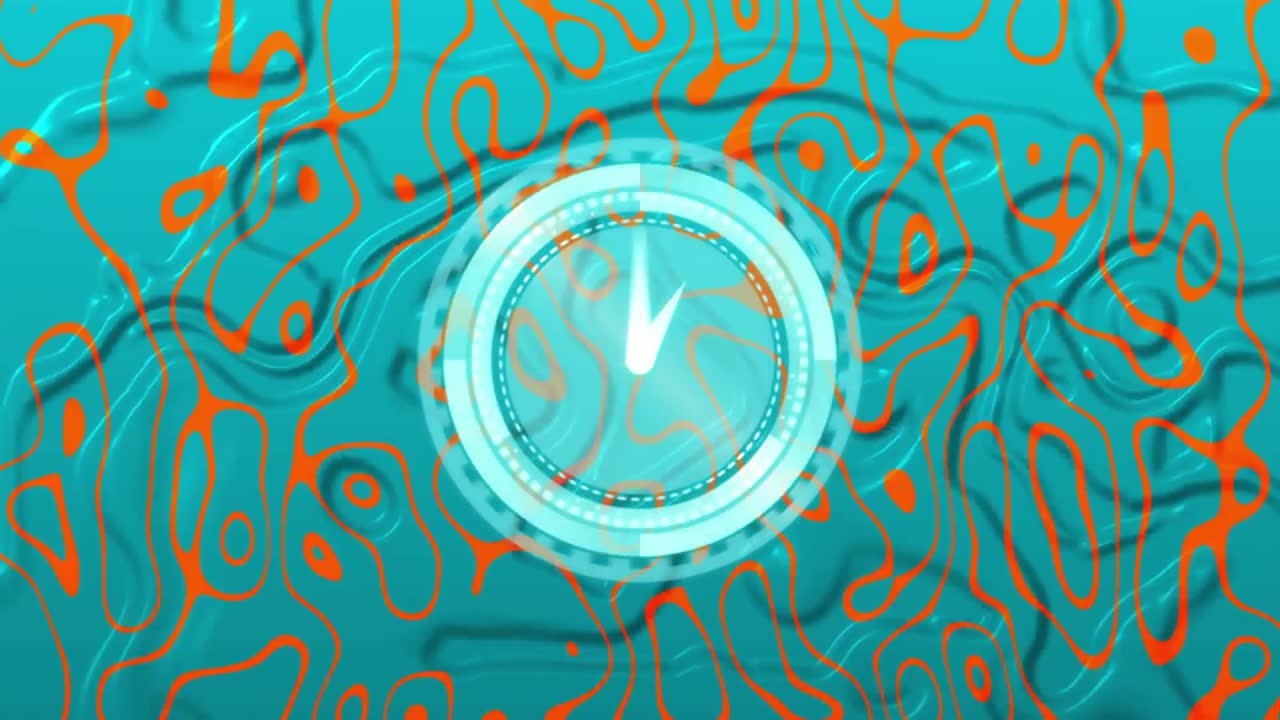Animation of clock moving fast over orange pattern on blue liquid background