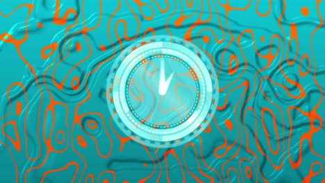 Animation-of-clock-moving-fast-over-orange-pattern-on-blue-liquid-background