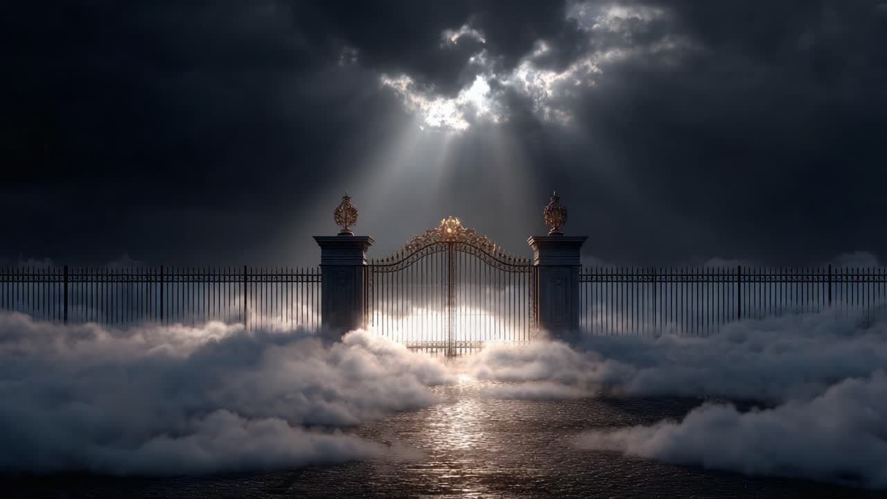 A Mystical Scene of Golden Gates Surrounded by Ethereal Fog and Striking Rays of Light, Evoking a Sense of Mystery and Intrigue in an Atmospheric Setting