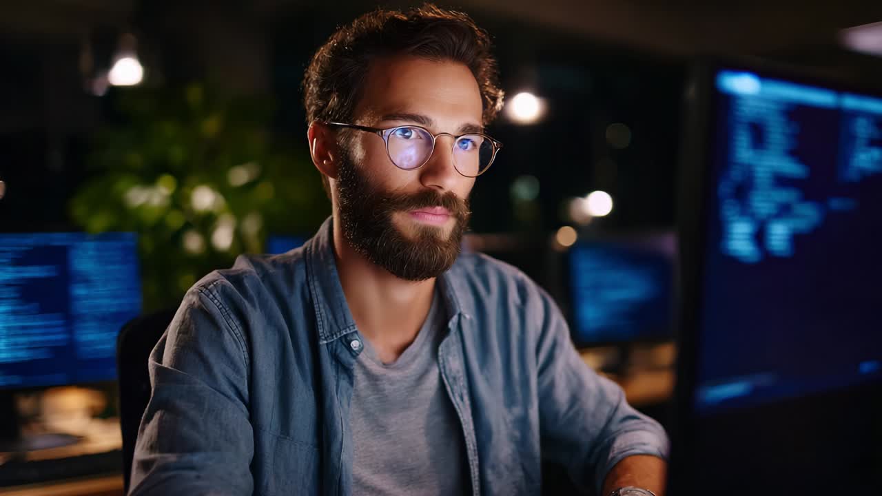 Focused Male Developer in a Modern Workspace Analyzing Code in a Dimly Lit Environment Surrounded by Monitors while Engaging in Software Development at Night with a Concentrated Expression