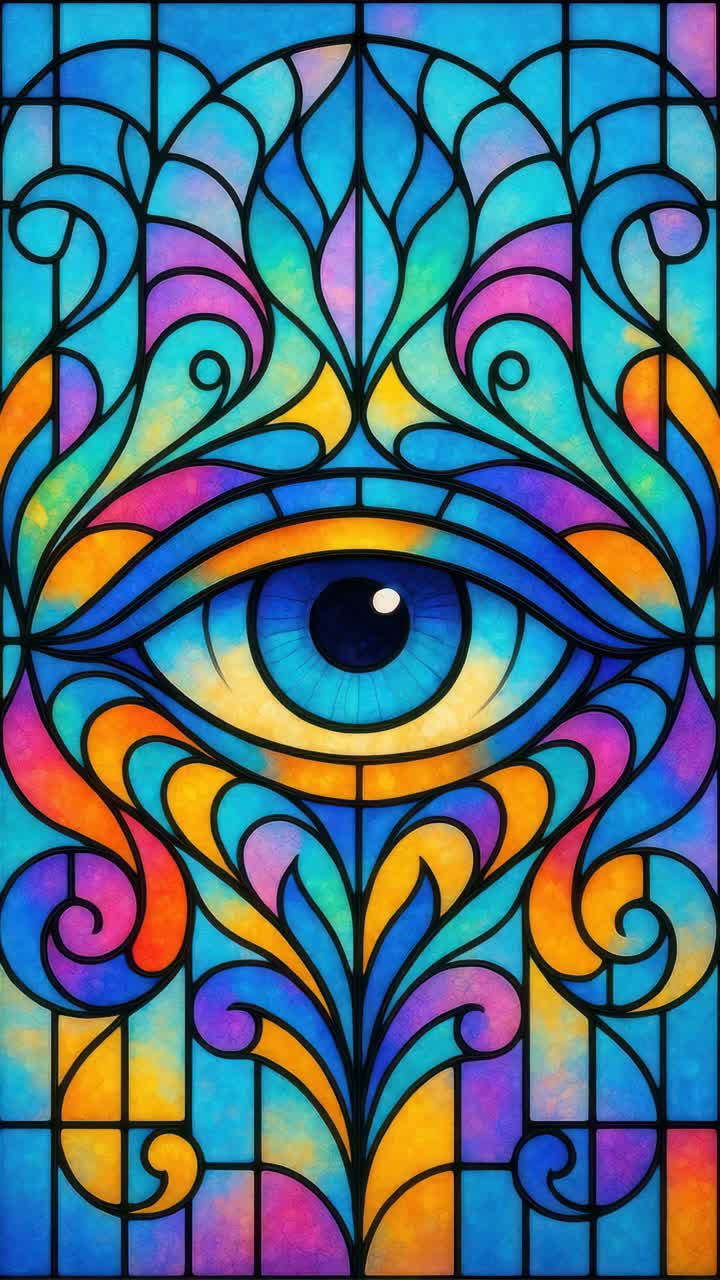 Vibrant stained glass art with swirling patterns and a central eye motif