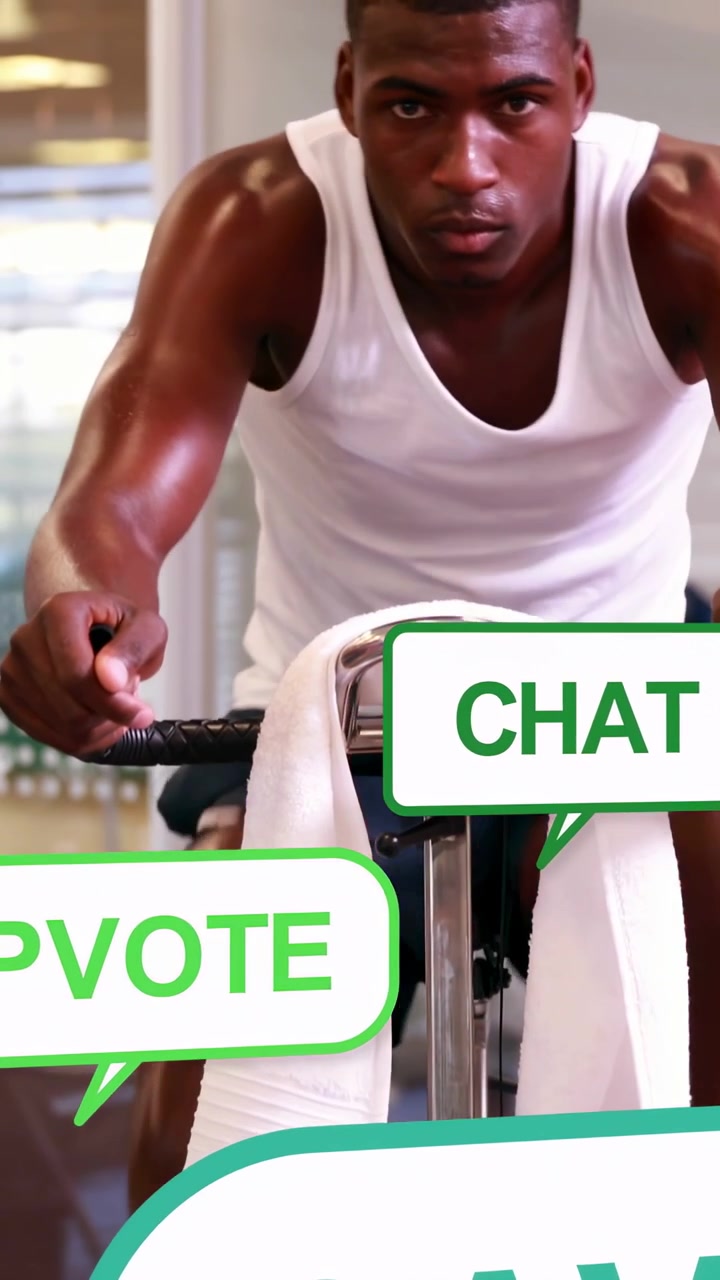 Vertical video: Male rider pedaling spin bike in gym, causing chat or upvote bubbles, pausing to dri