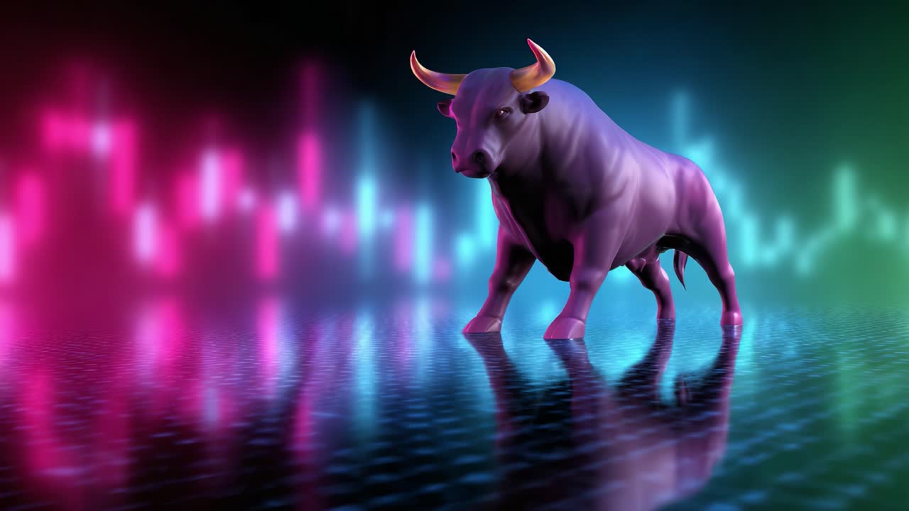 Eine beeindruckende Visualisierung einer kraftvollen Bullenfigur vor einem lebendigen, farbenfrohen Hintergrund, der Markttrends und -bewegungen darstellt und Stärke und Entschlossenheit in der Finanzwelt symbolisiert.
