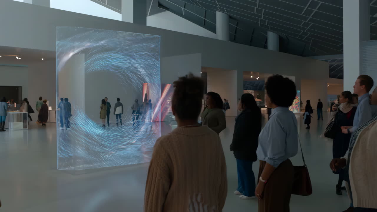 People Observing Dynamic Digital Art in a Modern Museum Exhibit
