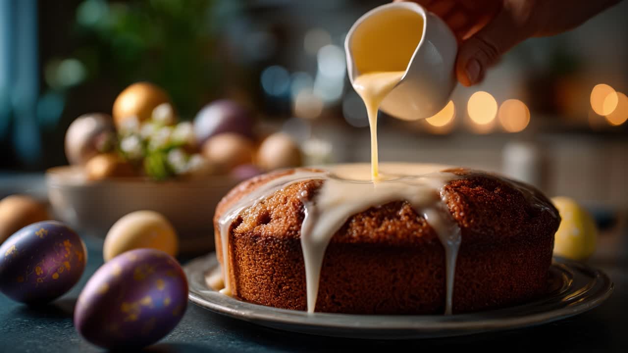 Deliziosa torta alla vaniglia glassata con crema, circondata da colorate uova di Pasqua e illuminazione calda per una celebrazione festiva