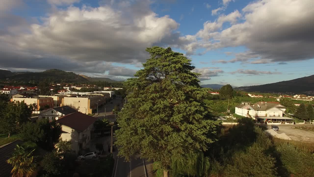 Aerial view of car driving down country road