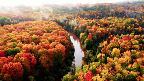 drone footage of fog above a river in a valley with forest in full autumn colors