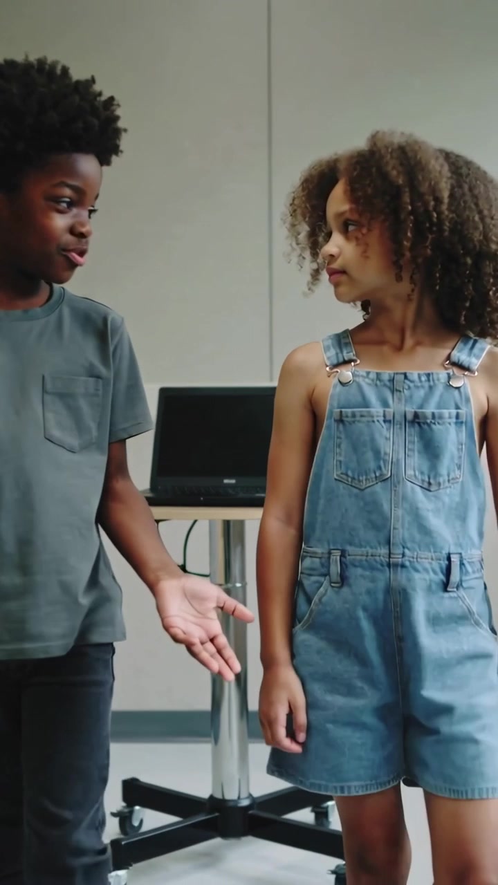 Vertical video: Gesturing at closed laptop, boy explaining task to girl in denim overalls in room