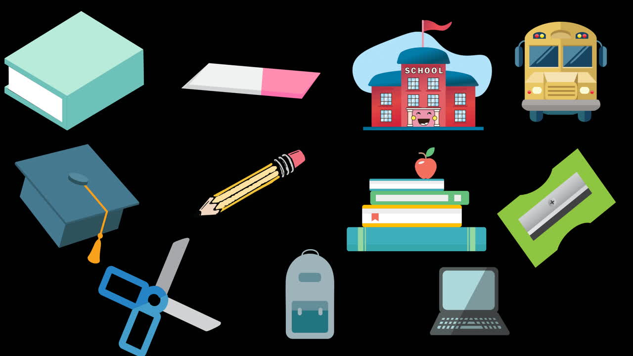 Animation of coloured school related icons appearing on black background