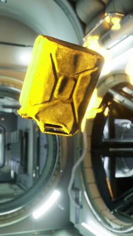 floating yellow canister in a futuristic space station corridor