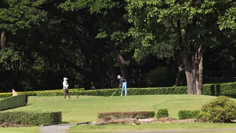 two people walking separately in a formal garden.