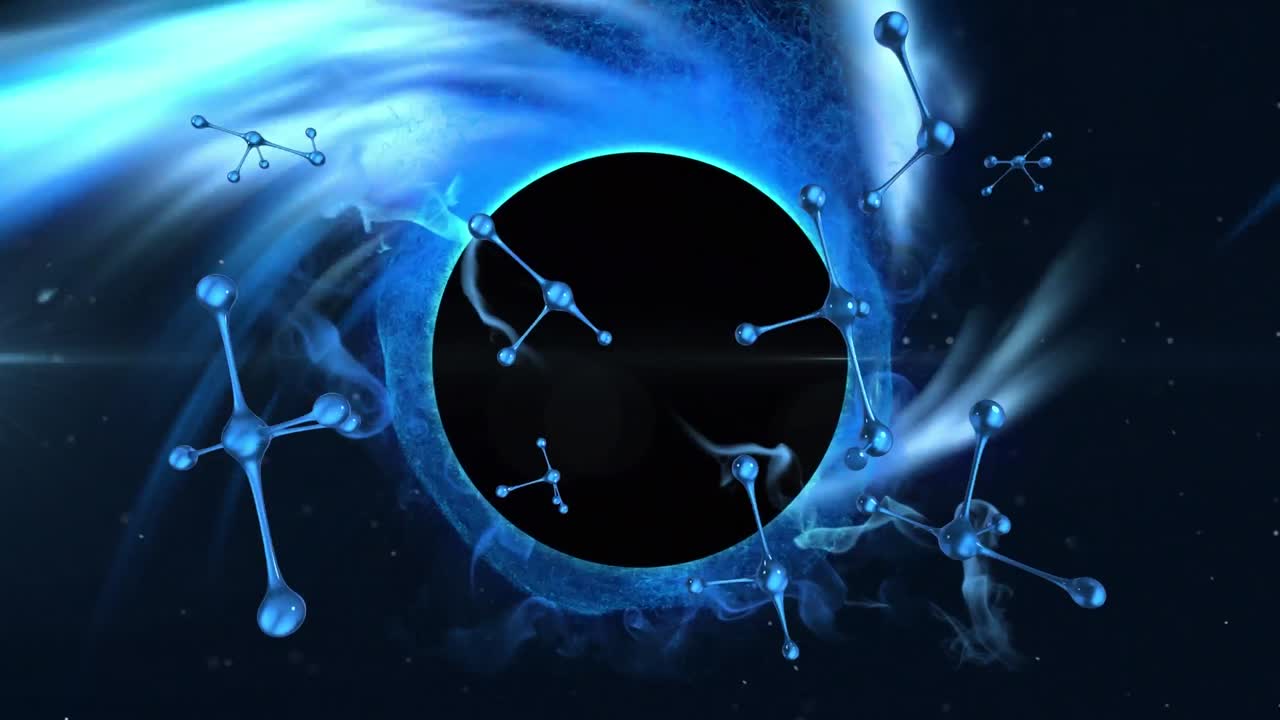 어두운 배경 위에서 떨어지는 분자와 파동의 애니메이션