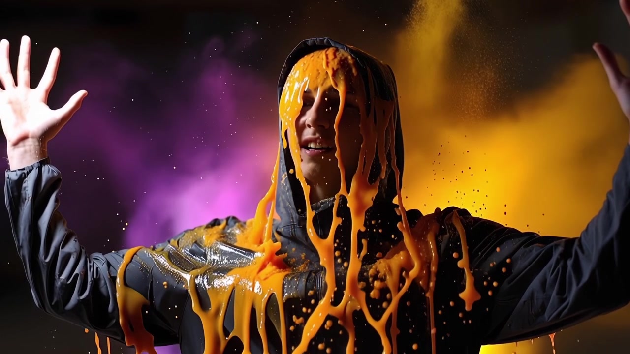 Vibrant Orange Liquid Splashing on a Man in a Hooded Jacket