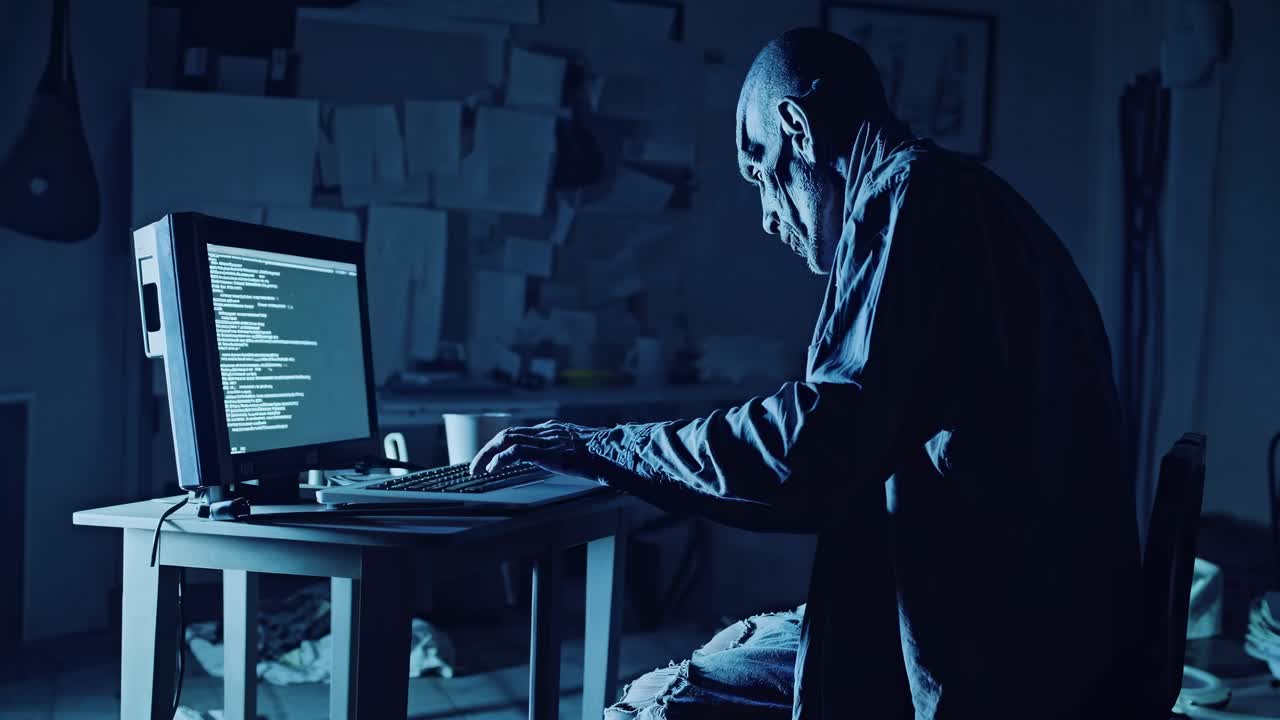 hacker zombificado pálido programando intensamente en un espacio de trabajo débilmente iluminado, concentrándose profundamente en la pantalla de la computadora, rodeado de notas de investigación dispersas y papeles crípticos