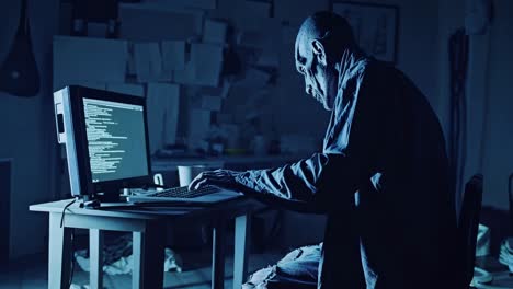 pale zombified hacker intensely programming in dimly lit workspace, concentrating deeply on computer screen, surrounded by scattered research notes and cryptic papers