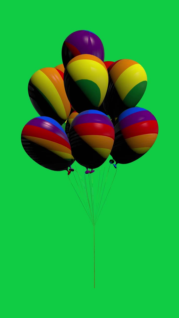 Mazzo di palloncini galleggianti con i colori della bandiera arcobaleno LGBT per una festa del pride, su schermo verde per chroma key.