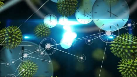 Animation-Von-Makro-Coronavirus-Zellen,-Die-Sich-über-Bewegliche-Uhren-Mit-Einem-Netzwerk-Von-Verbindungen-Ausbreiten