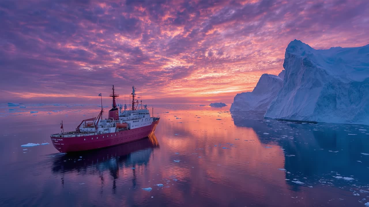 A Majestic Polar Dawn: A Ship Navigating through Serene Icebergs under a Vibrant Sky at Sunrise, Capturing the Beauty of Nature's Frozen Splendor