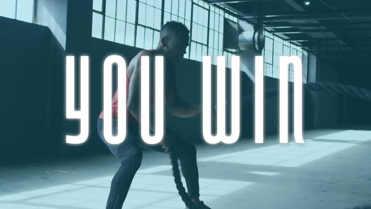 로프로 운동하는 두 인종의 남자를 상대로 텍스트를 이기는 애니메이션