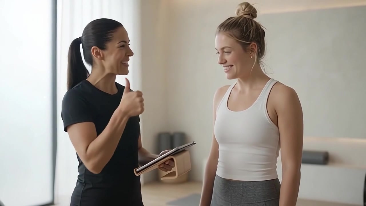 Personal trainer che misura la vita del cliente e controlla i progressi sul tablet