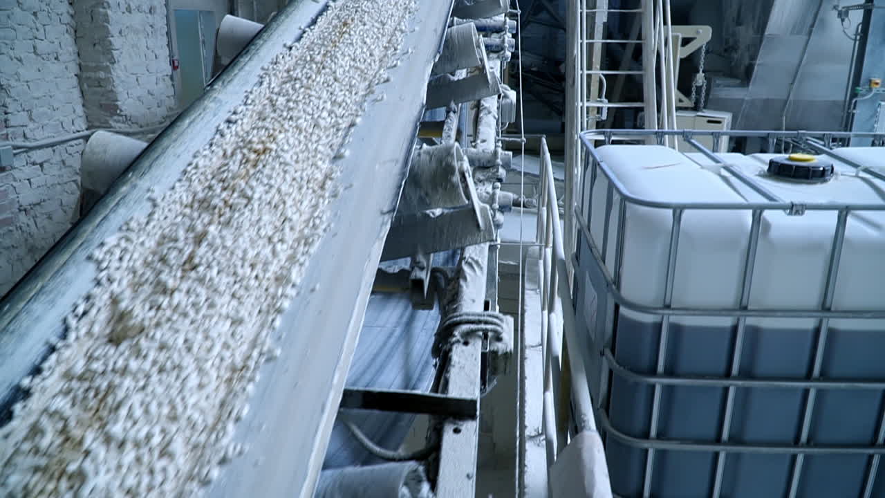 Pressed pieces of white clay together with powder moving along the conveyor belt. Close up. Kaolin factory enterprise.