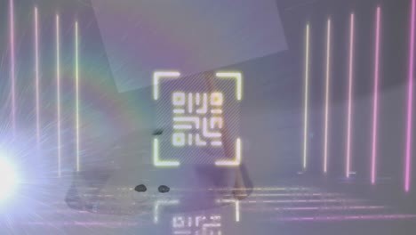 Animation-of-qr-code-and-lines-with-lens-flares-against-abstract-background