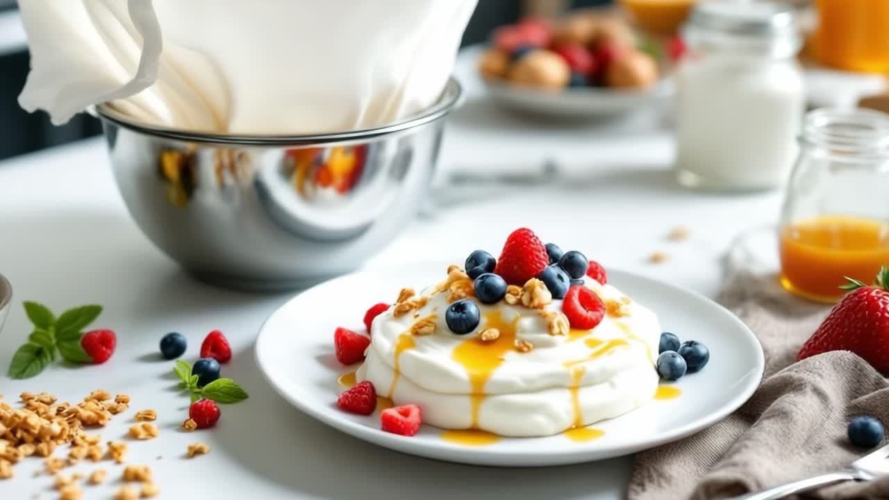 Creamy Greek yogurt layered with golden honey, crunchy granola, ripe mixed berries creating nutritious, vibrant morning fuel