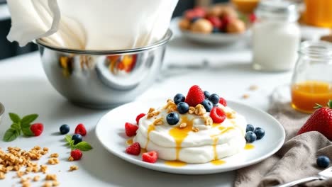 creamy greek yogurt layered with golden honey, crunchy granola, ripe mixed berries creating nutritious, vibrant morning fuel