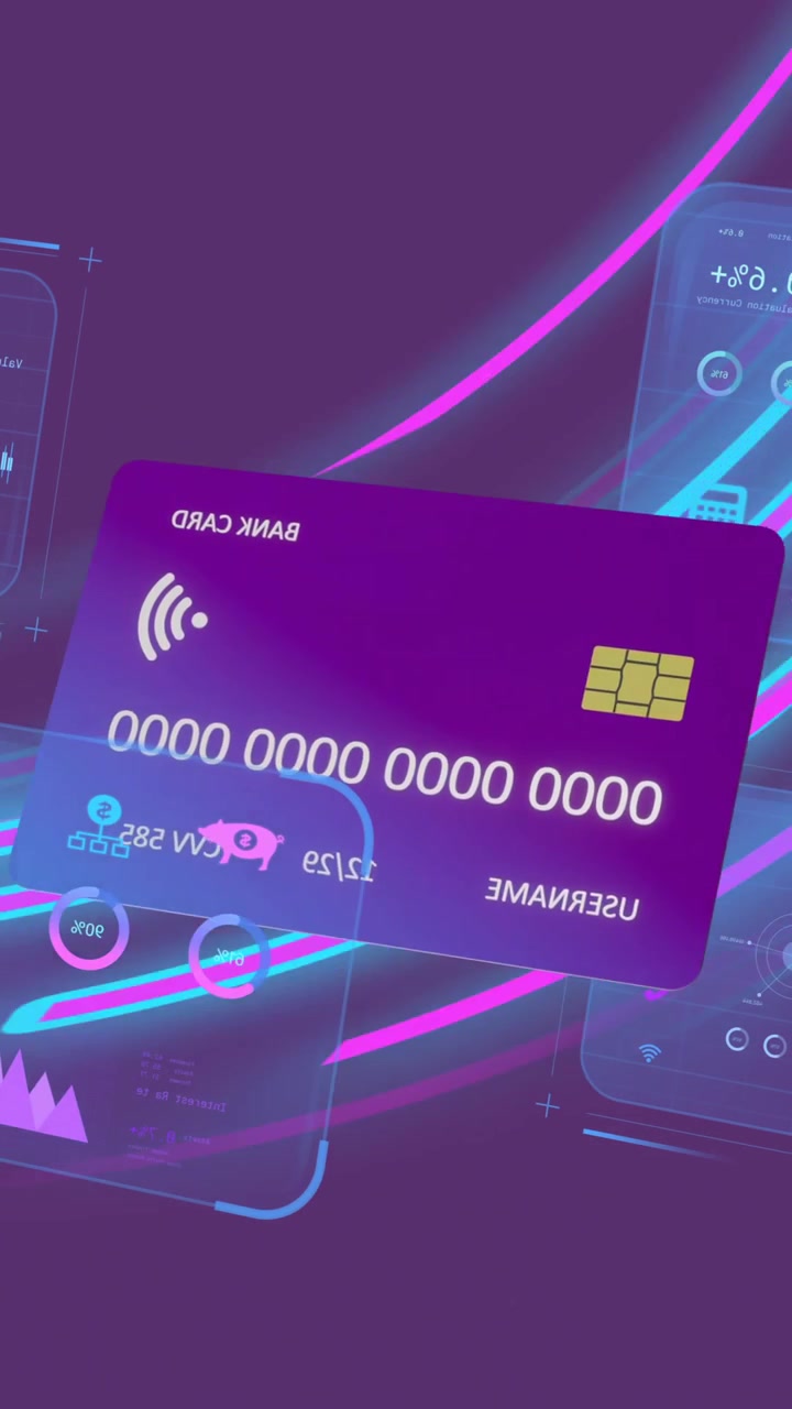 Animation of screens with data and credit card over purple background