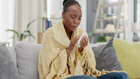 sick black woman, tissue and flu in home