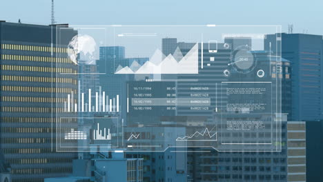 animation of financial data processing over cityscape