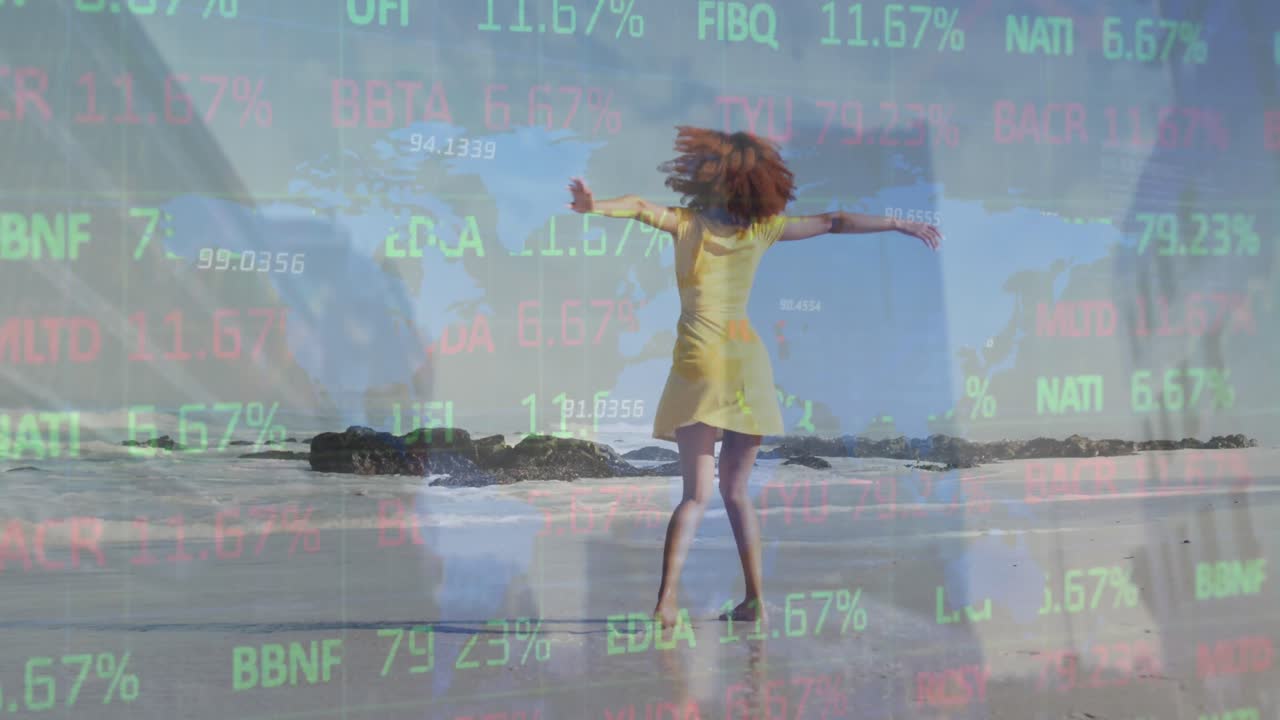 Animation of world map and financial data processing over african american woman on beach