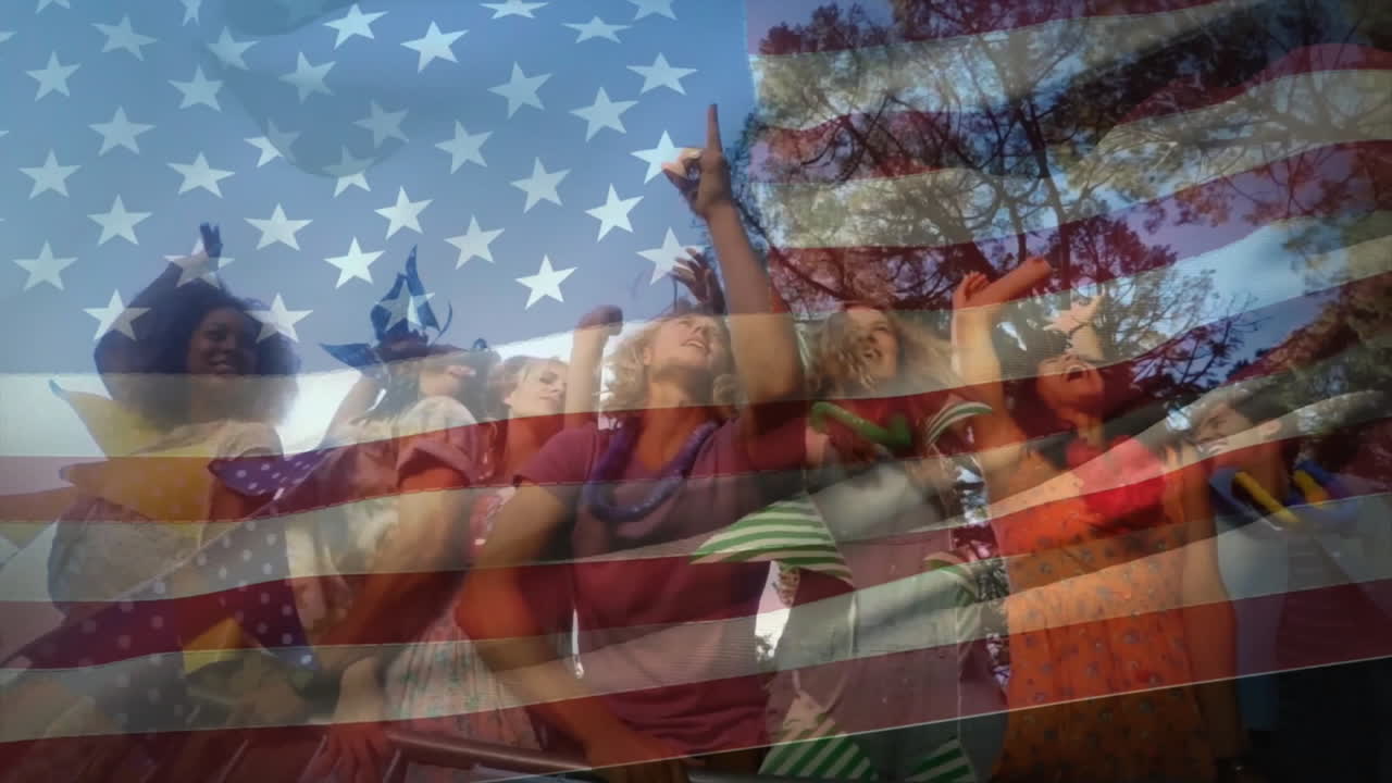 American flag animation over diverse group of people celebrating outdoors