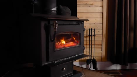 a wood burning stove seen burning wood in a family home to keep the house warm during the winter