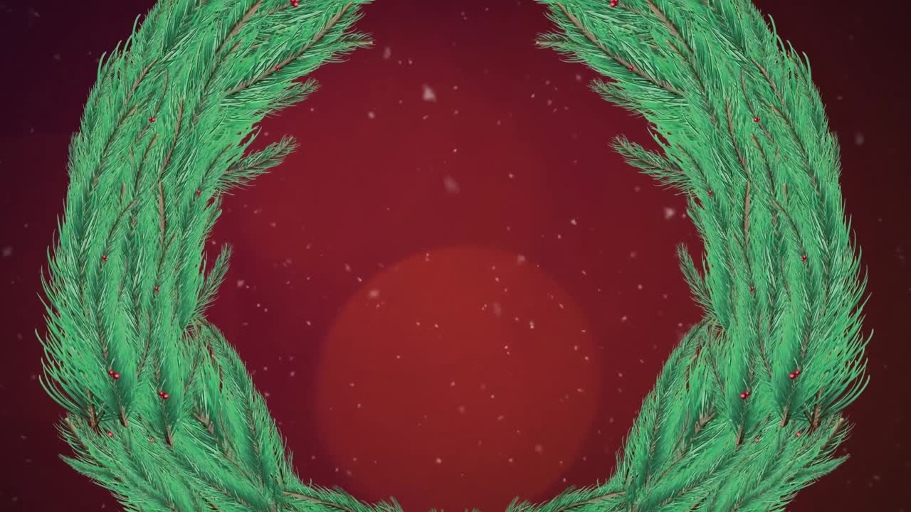 Animação digital de neve caindo sobre guirlanda de Natal contra pontos de luz em fundo vermelho.