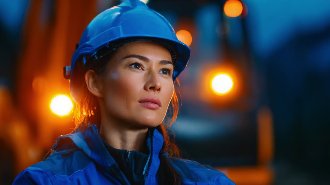 A determined and focused woman in a blue helmet stands confidently at dusk, showcasing her commitment to her work environment, surrounded by machinery and glowing lights, embodying strength and resilience