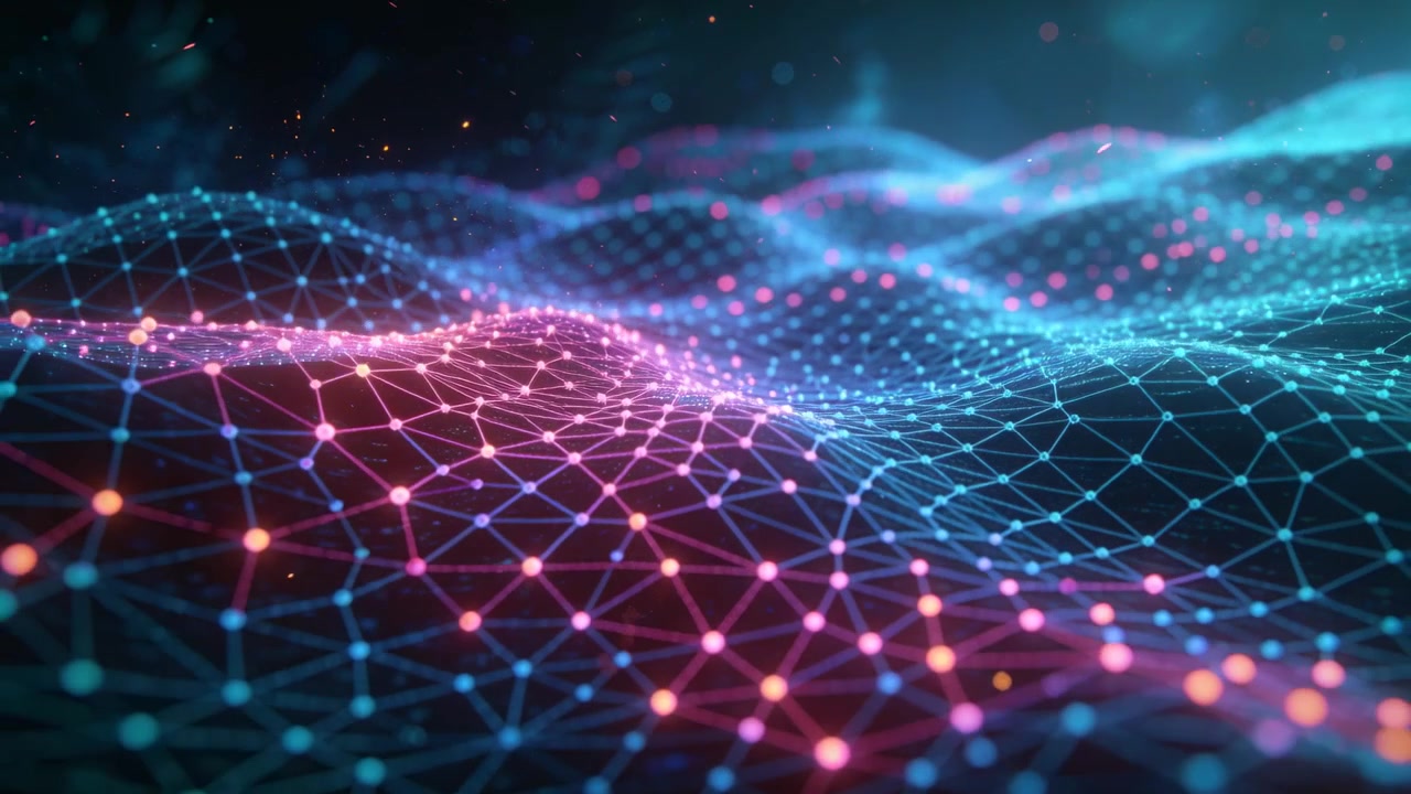 Tracking camera showing waving glowing grid mesh pulsing in dark void, nodes and specks drifting