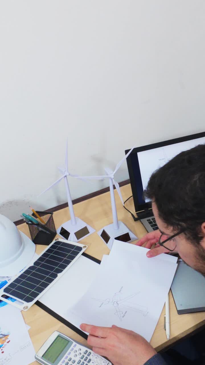 Engineer Studying Detailed Schematics of a Wind Turbine Design